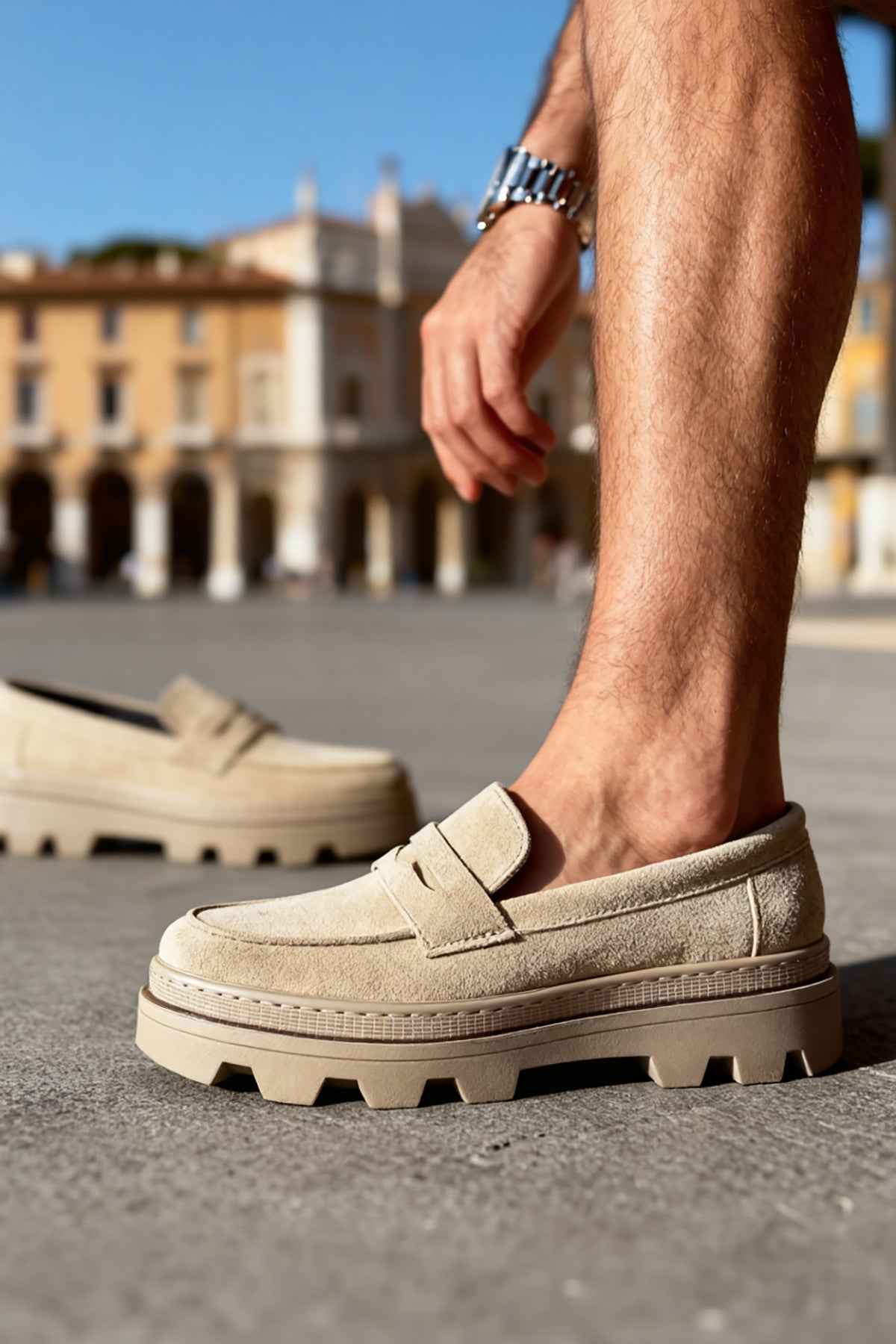 Men's beige suede loafers with strap vamp and chunky rubber tread sole