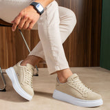 Beige suede sneakers, low profile with lace-up and white sole