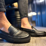 Men's casual black loafers, side stitching and apron toe with thick low sole