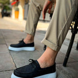 Men's casual black lace-up shoes, dark upper with light blue platform sole