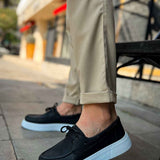 Men's casual black lace-up sneakers with light blue sole and round toe