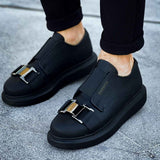 Black casual sneakers with two buckle straps on vamp and chunky rubber sole