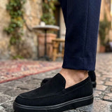 Men's black suede loafers, slip-on design with low profile sole
