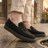 Men's black suede slip-on loafer with classic vamp seam