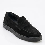Men's black suede slip-on loafer shoe, clean front view