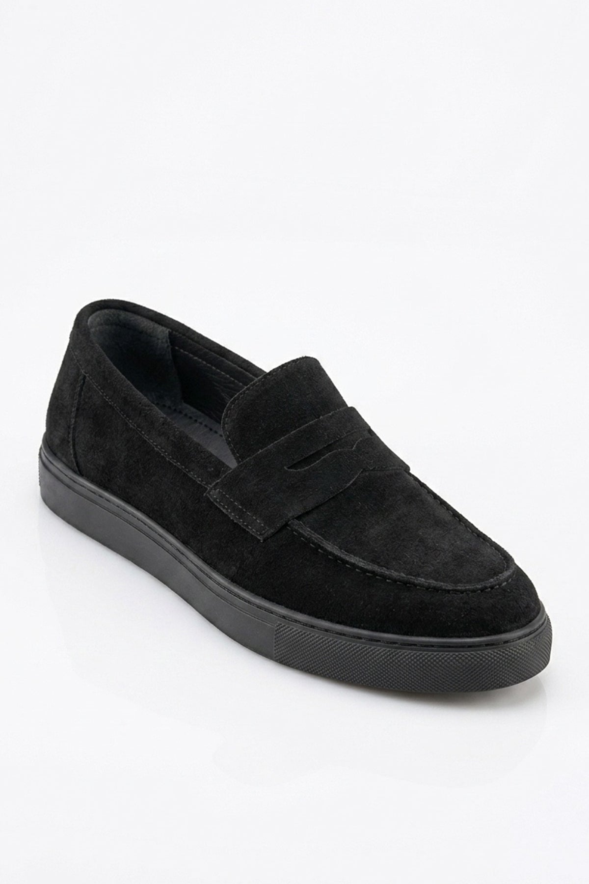 Men's black suede slip-on loafer shoe, clean front view