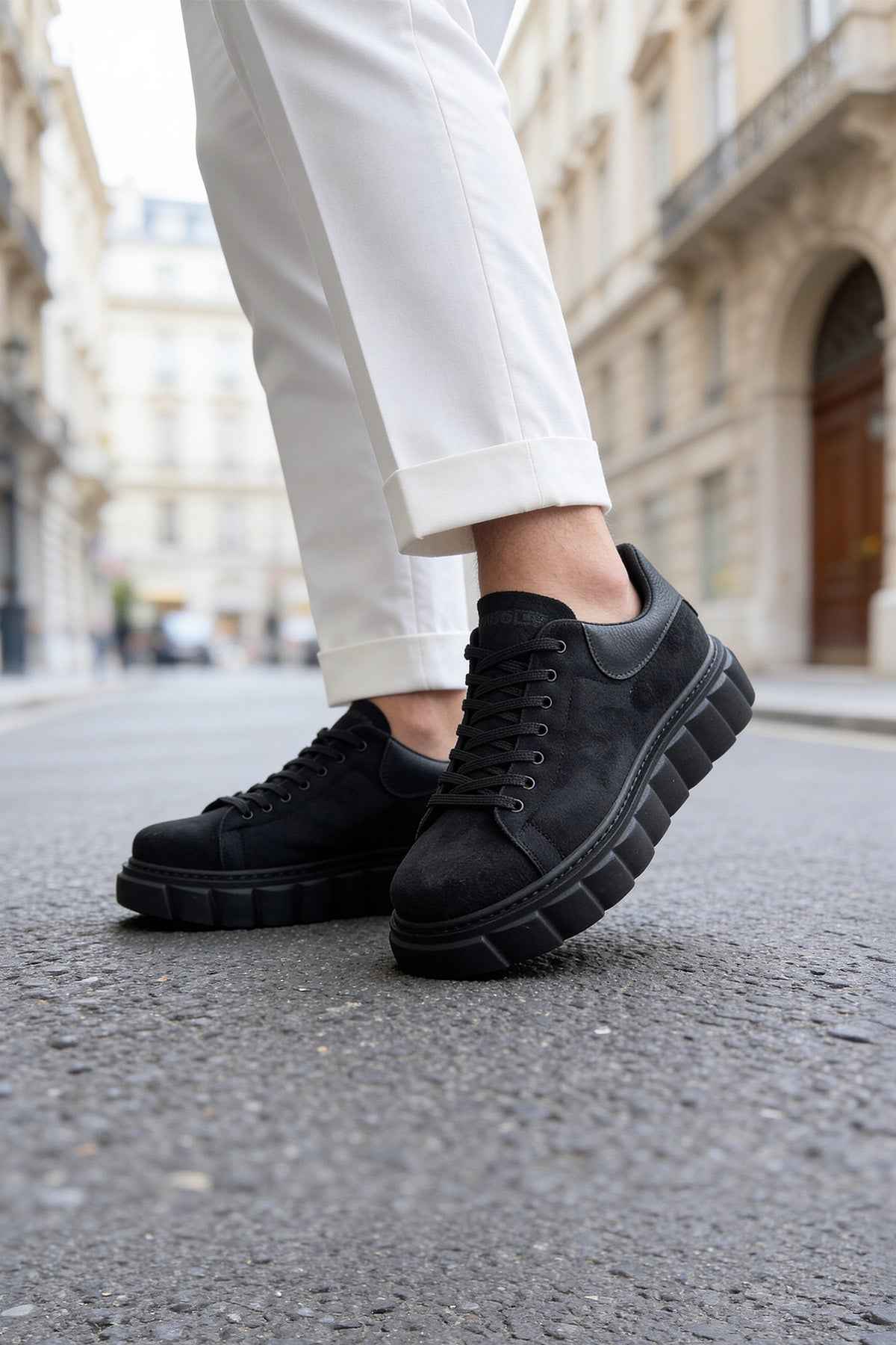 Men's black suede sneakers, lace-up, thick rubber sole