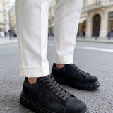 Men's black suede sneakers, lace-up, side view, rubber tread sole