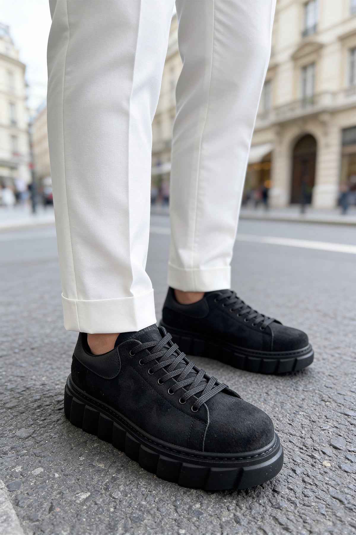 Men's black suede sneakers, lace-up, side view, rubber tread sole