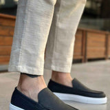 Men's casual black slip-on loafers, white platform soles