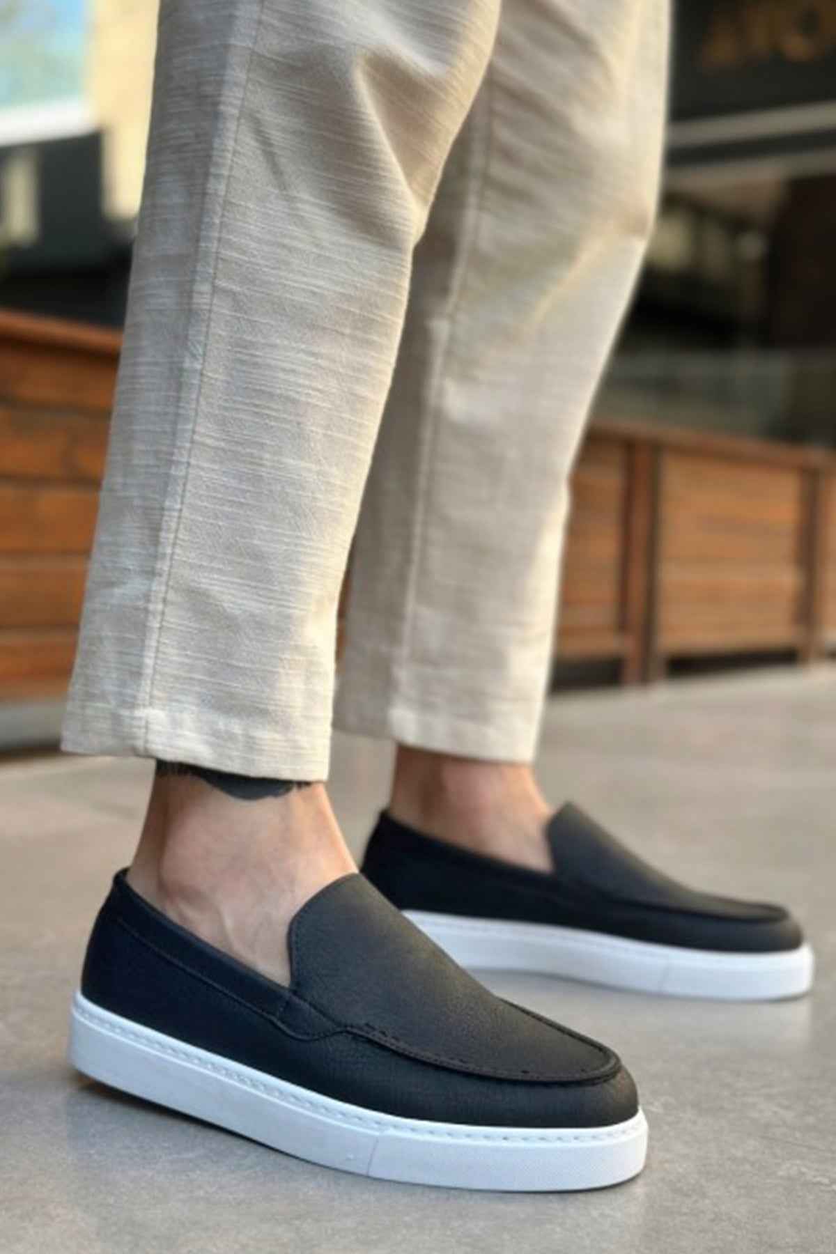 Men's casual black slip-on loafers, white platform soles