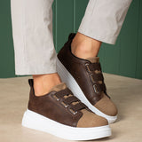 Men's brown casual sneakers with double-strap and white rubber sole
