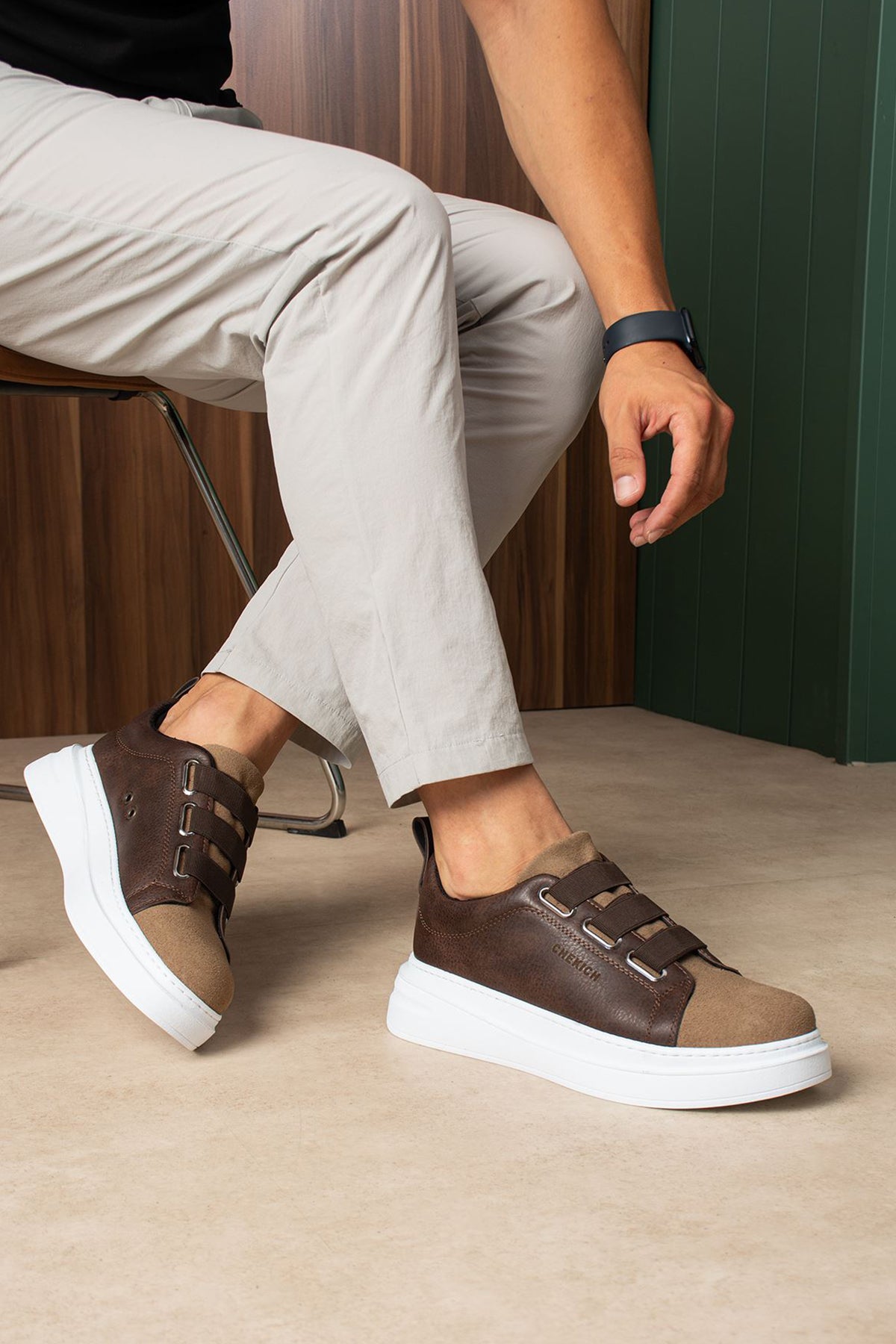 Brown casual sneakers with Velcro straps and white rubber sole