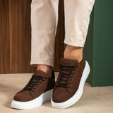 Men's brown suede sneakers, lace-up design with cushioned white sole
