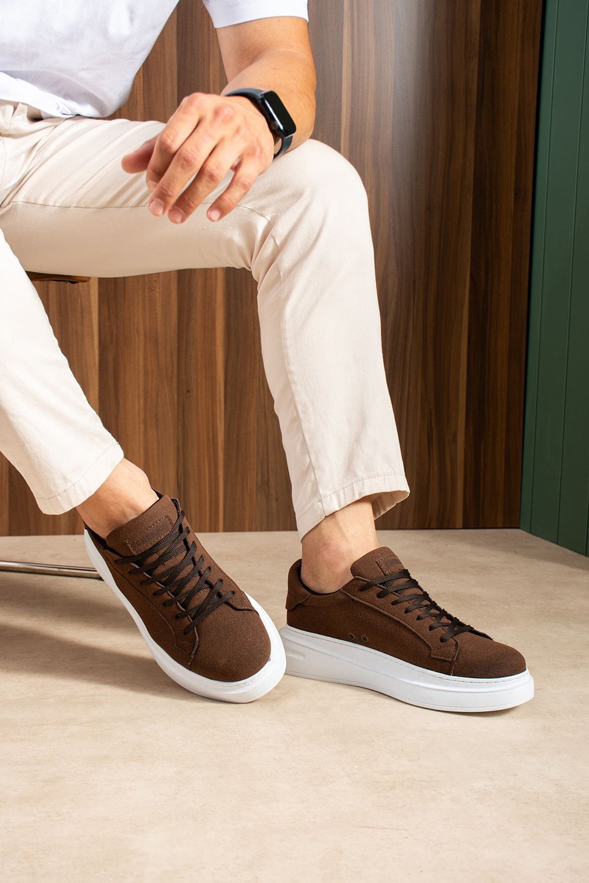 Men's brown suede sneakers, casual lace-up pair with white soles