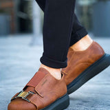 Men’s casual tan sneakers with double buckle straps and black rubber sole