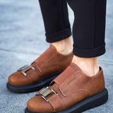 Men’s casual tan sneakers, side view with double buckle straps and black rubber sole