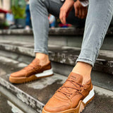 Men's tan lace-up casual sneakers with white midsole, rounded toe