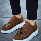 Men's casual tan suede sneakers with white soles and two buckle straps