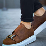 Men's casual tan suede sneakers, side view, white sole with buckle strap