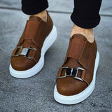 Men's casual tan suede sneakers, front pair view, white soles and double buckles