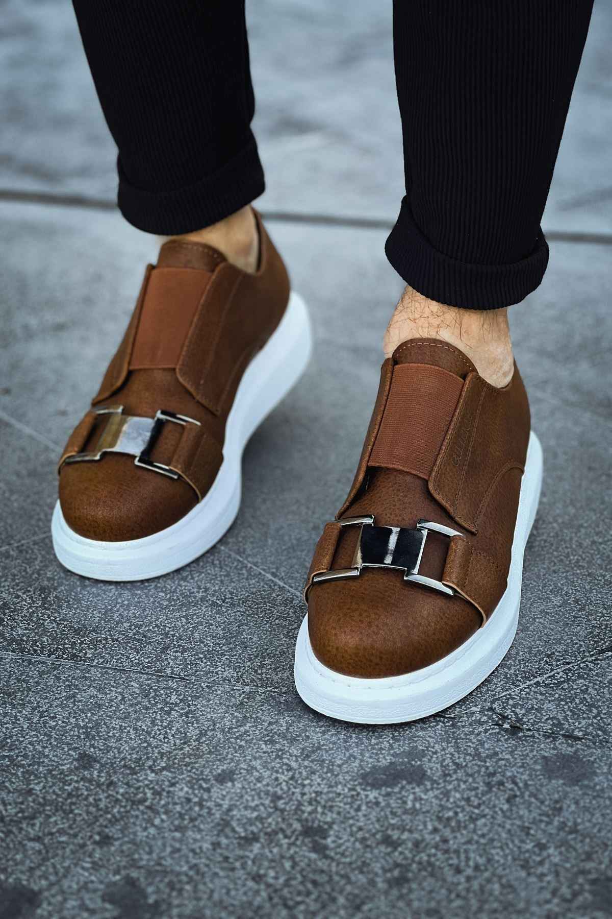 Men's casual tan suede sneakers, front pair view, white soles and double buckles