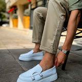 Men's casual light blue loafer with metal buckle strap, front angle