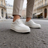Men's casual white lace-up shoes with thick sole, side view