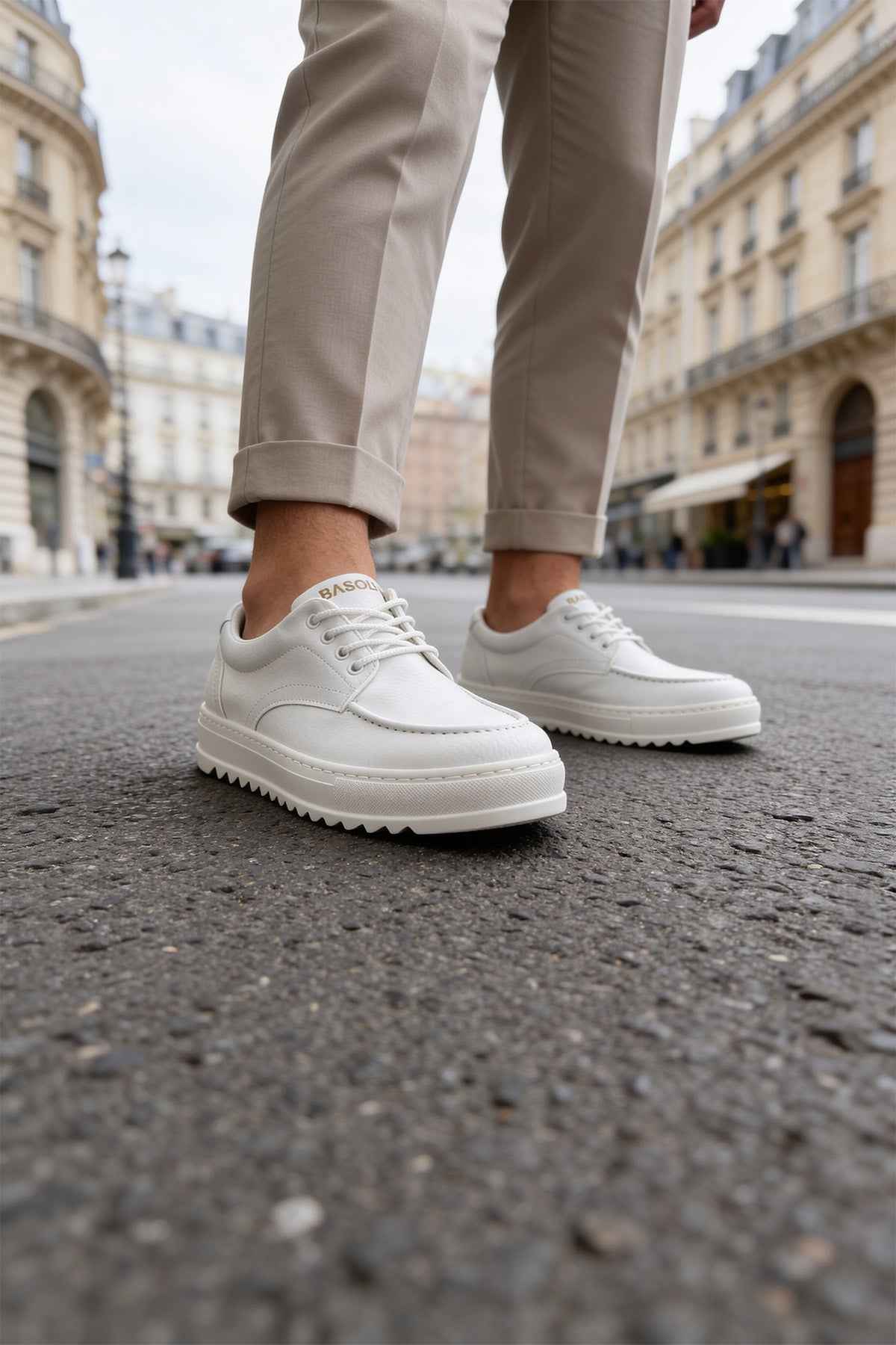 Men's casual white lace-up shoes with thick sole, side view