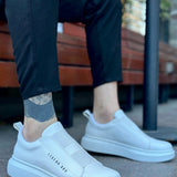 Men's low-top white slip-on sneakers with side logo and rubber sole
