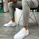 Men's white low-top casual sneakers, lace-up with textured side panels