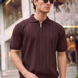Men's claret red half-zip polo shirt, short sleeves, ribbed vertical texture