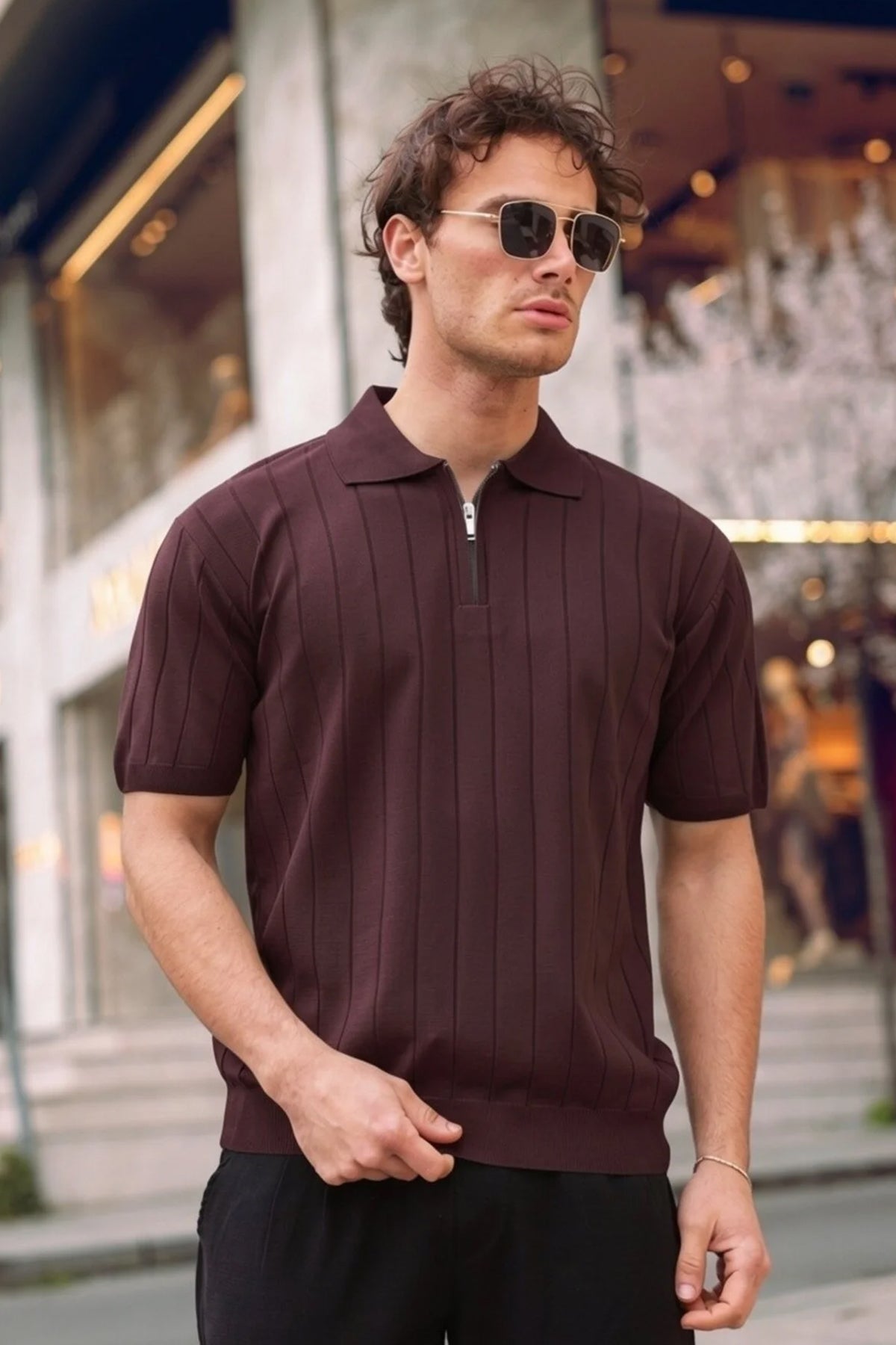 Men's claret red half-zip polo shirt, short sleeves, ribbed vertical texture