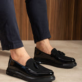 Men's black patent leather tassel loafers, slip-on dress shoes with glossy finish