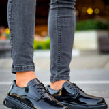 Men's patent leather lace-up shoes, black, low-profile sole, side view
