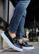 Men's Classic Black White Patent Leather Loafers - 127