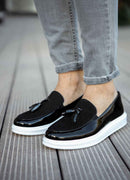 Men's Classic Black White Patent Leather Loafers - 002