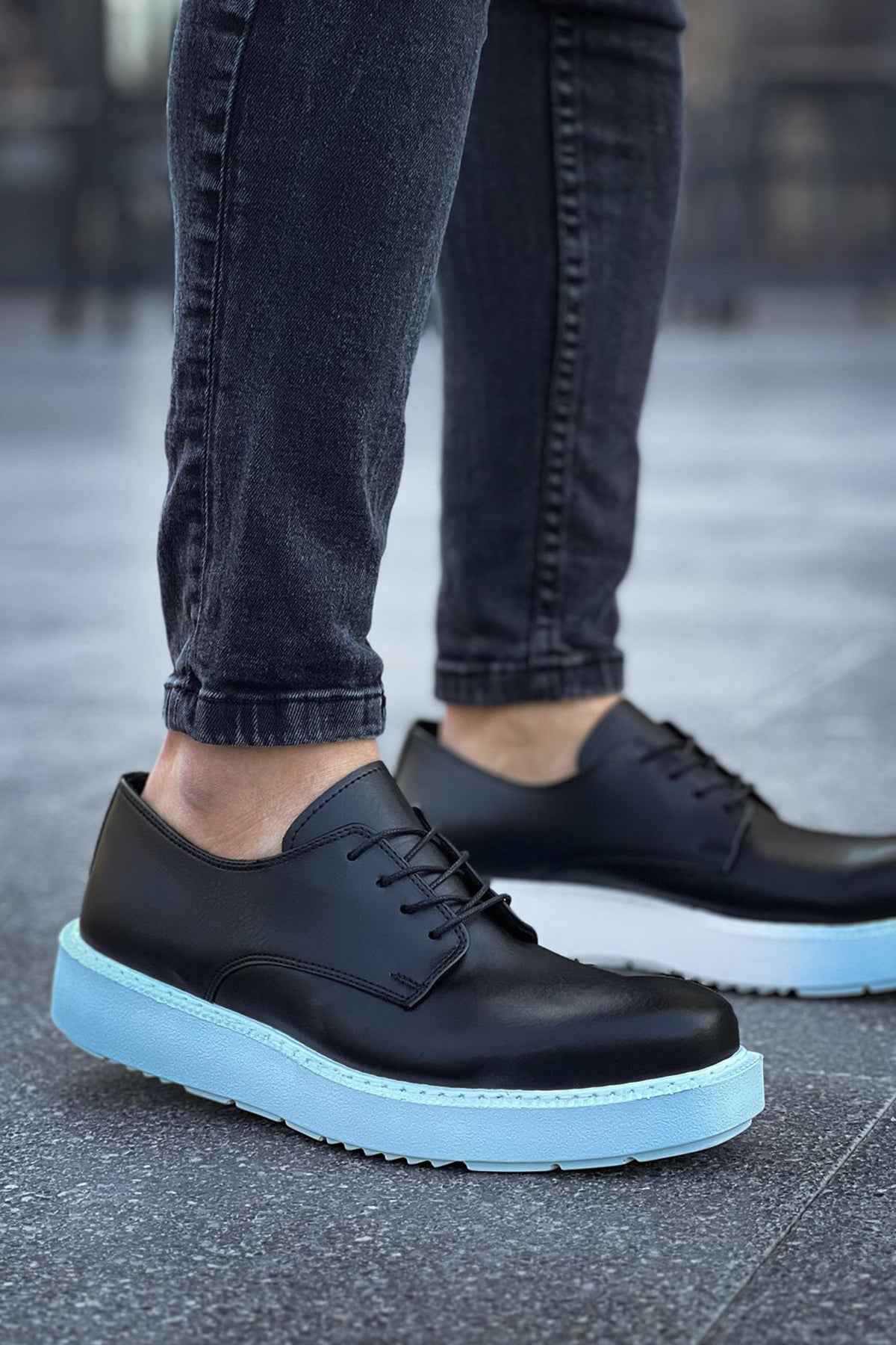 Men's classic black lace-up shoes with light-blue sole
