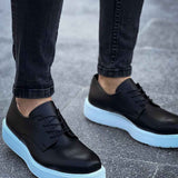 Men's classic black lace-up shoes, toe and side, light-blue soles