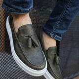 Men's dark khaki tassel loafers with white rubber sole