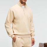 Men's cream zip stand-collar sweatshirt with relaxed fit, half-zip front