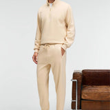 Men's cream zip stand-collar sweatshirt with matching sweatpants, relaxed fit