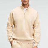 Men's cream half-zip stand-collar sweatshirt, ribbed cuffs and hem