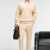 Men's cream zip stand-collar sweatshirt with matching sweatpants, relaxed fit