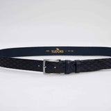 Men's leather belt with diamond pattern, dark blue, rectangular metal buckle and keeper