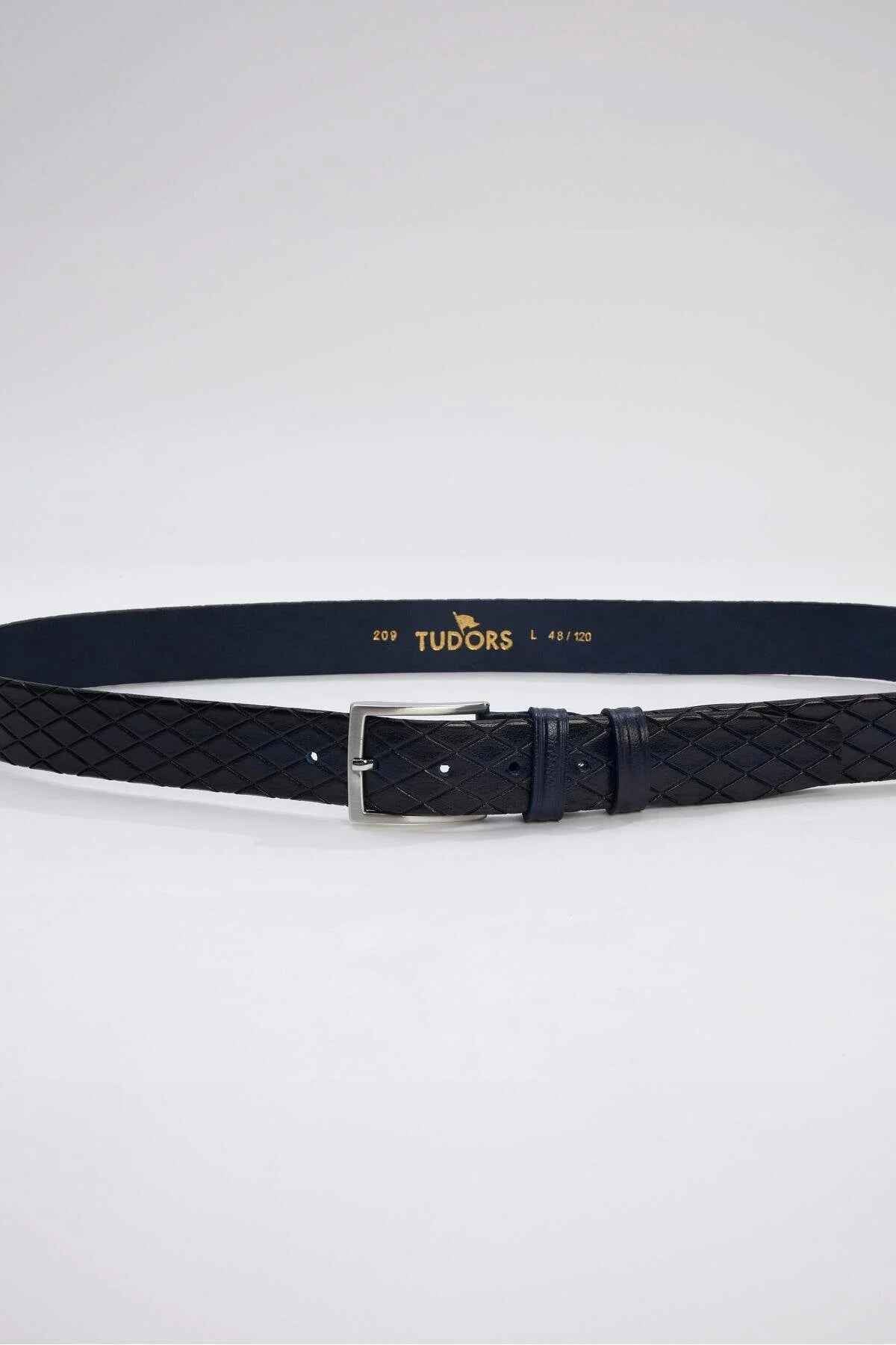 Men's leather belt with diamond pattern, dark blue, rectangular metal buckle and keeper