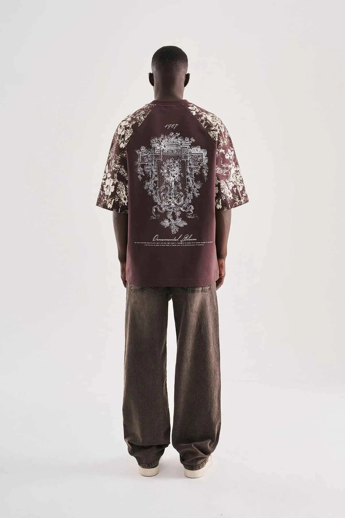 Brown oversize T-shirt with full back floral print and script logo