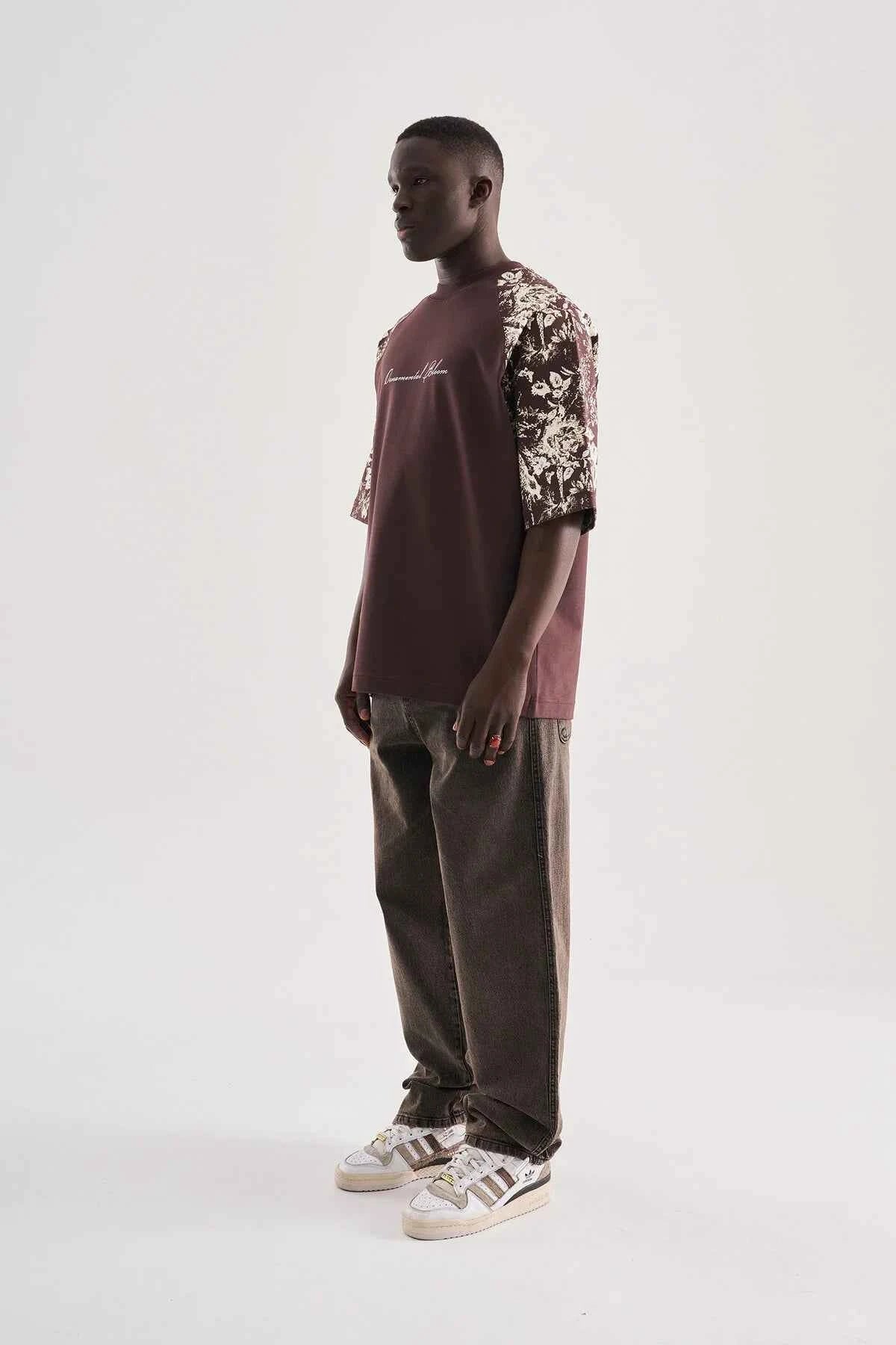 Brown oversize T-shirt with floral print sleeves and chest script logo