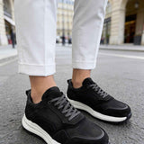 Men's black leather low-top sneakers, lace-up with white rubber sole
