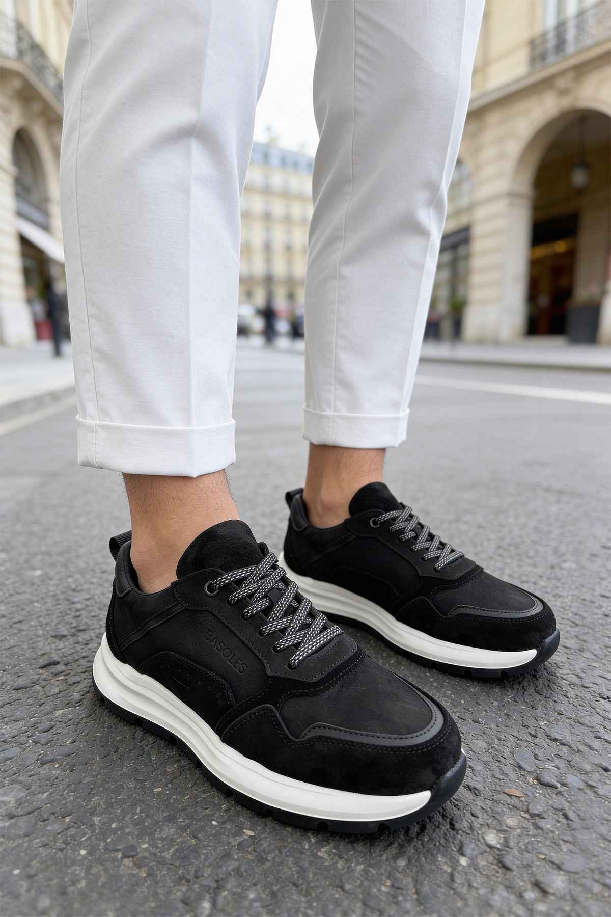 Men's black leather low-top sneakers, lace-up with white rubber sole